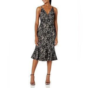Dress the Population Women's Isabelle Nude and Black Lace Fitted Midi Dress XS